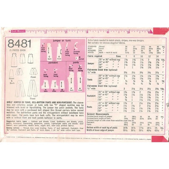 1960s Simplicity 8481 UNCUT Vintage Sewing Pattern Girls Jumper, Tunic Top Sz 7 - Picture 2 of 3